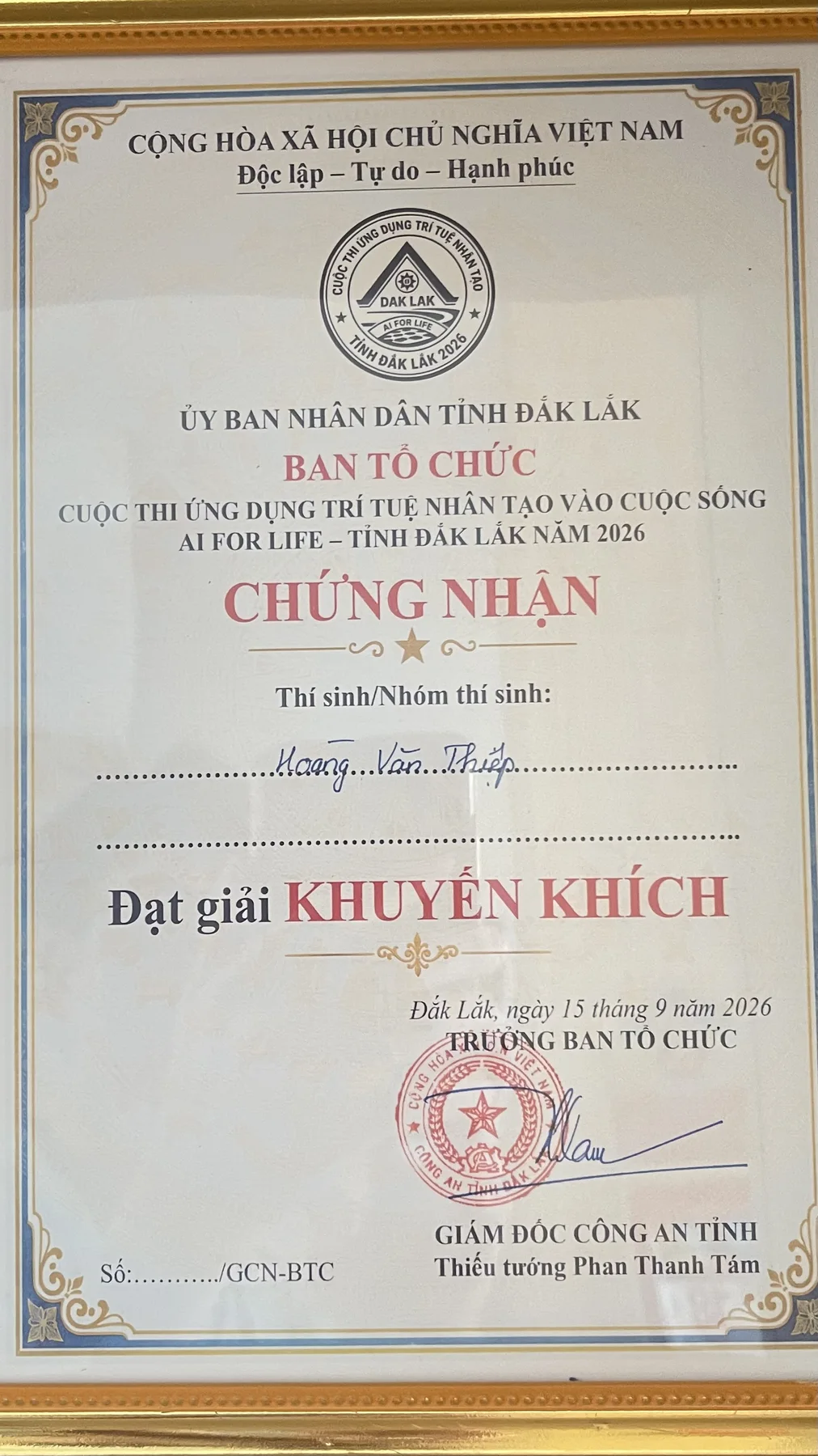 Giấy chứng nhận Sầu Riêng App đạt giải Khuyến khích AI For Life Đắk Lắk 2026
